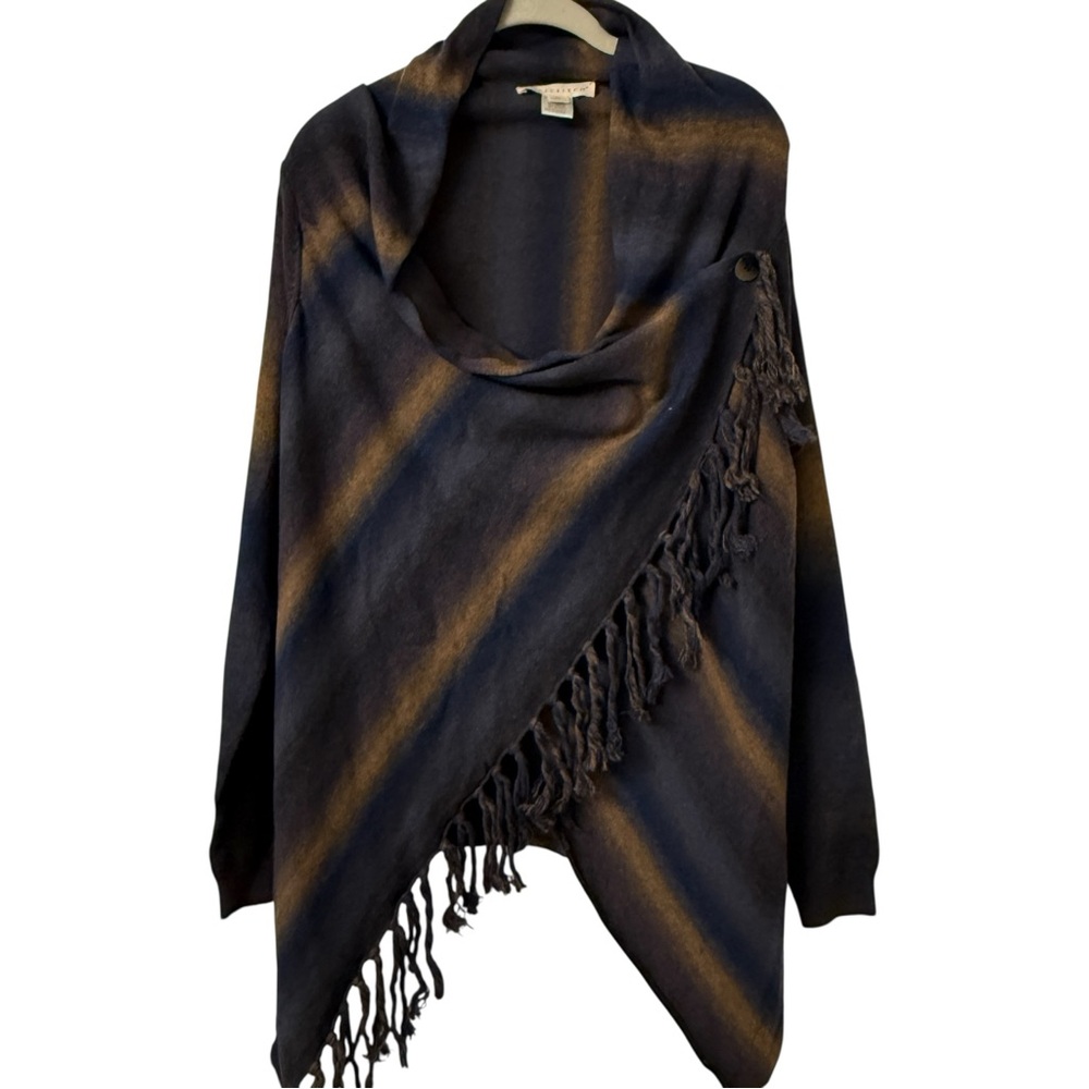 Lovestitch Vida Boho Western Wrap Sweater Medium 
Brown Blue Stripes Fringe - Picture 2 of 11